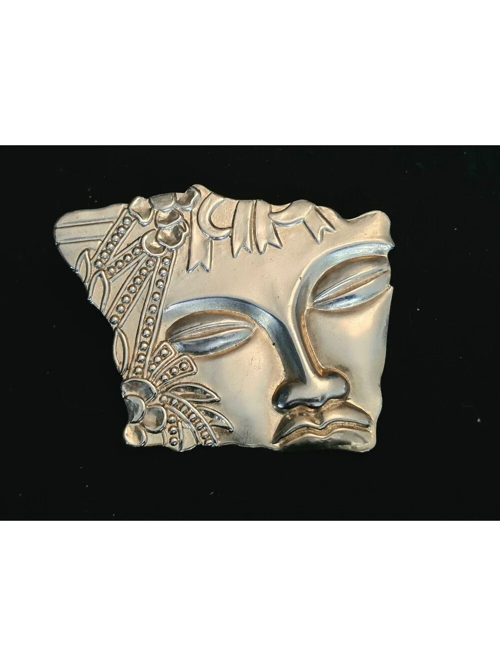 Vintage Art Deco Style Gold Tone Mask Face Statement Brooch